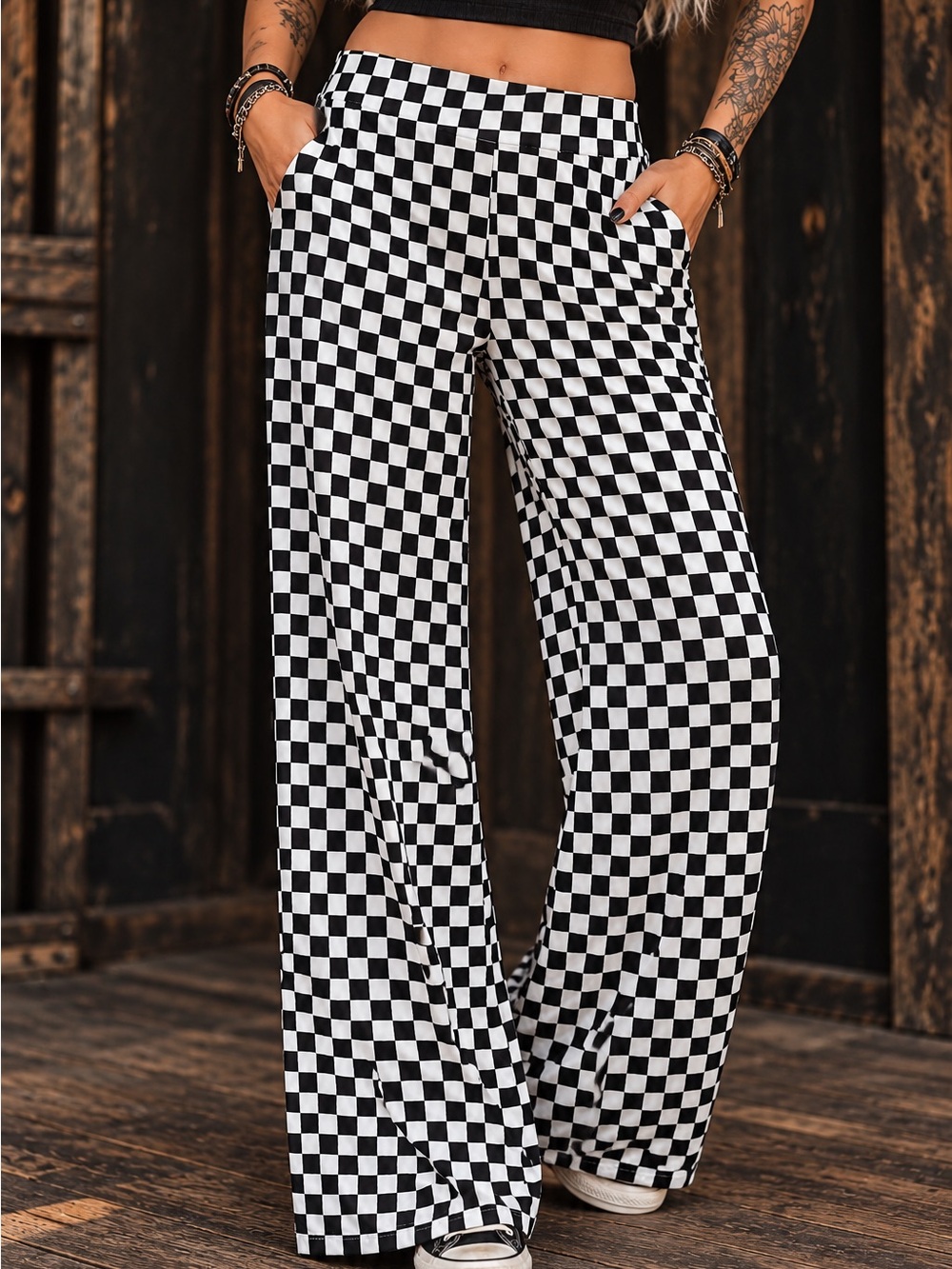 Black & White Checkered Stretch Wide Leg Pants – XL new no tags